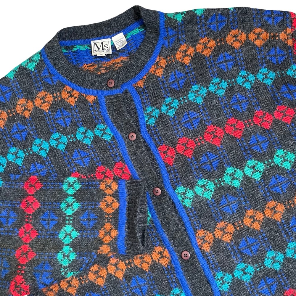 Vintage‎ Ms. Russ Cardigan Women 3X Gray Multicolor Fair Isle Knit Wool 80s 90s
